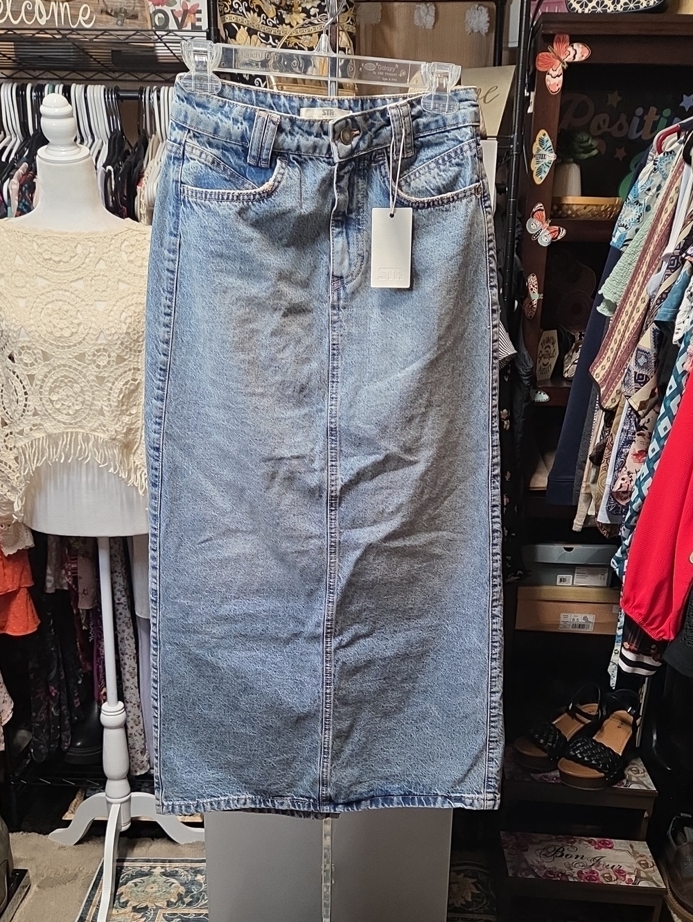 stradivarius Light Blue Denim Midi Skirt